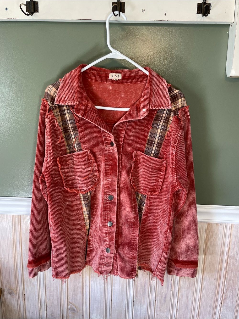POL Rust Red Corduroy Shacket with Plaid Accents